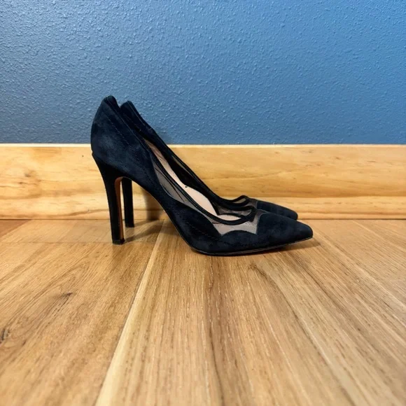 Pour La Victoire Black Suede 4” Heels with Scalloped Mesh Detailing size 9 - Picture 3 of 9